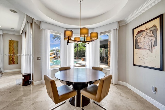 11356 Canyon Maple Blvd, Davie, FL 33330 - dining space featuring light marble finish floors, baseboards, and crown molding