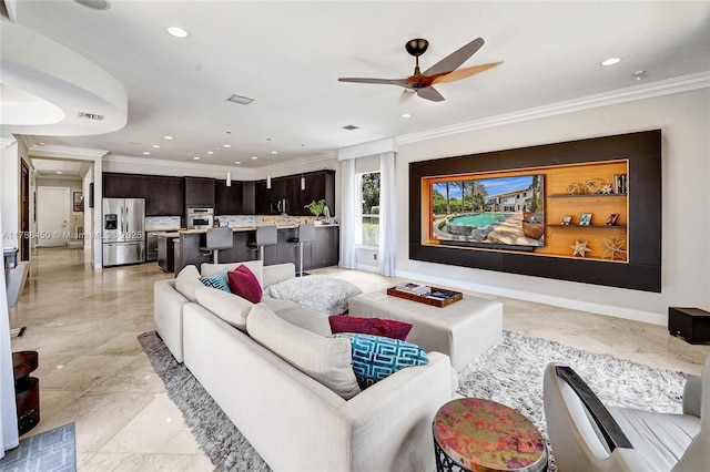 11356 Canyon Maple Blvd, Davie, FL 33330 - living room featuring a ceiling fan, ornamental molding, and recessed lighting