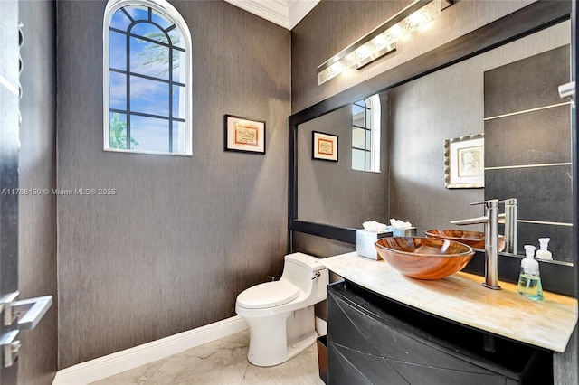 11356 Canyon Maple Blvd, Davie, FL 33330 - bathroom with marble look tile flooring, plenty of natural light, crown molding, vanity, and toilet