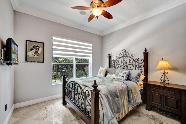11356 Canyon Maple Blvd, Davie, FL 33330 - bedroom featuring light marble finish floors, baseboards, ornamental molding, and a ceiling fan