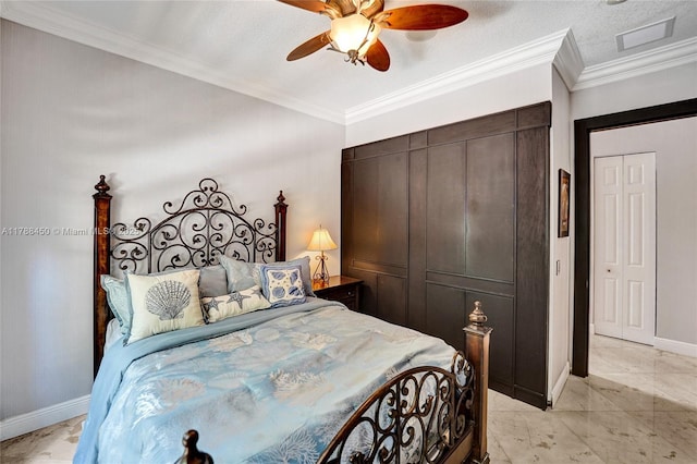 11356 Canyon Maple Blvd, Davie, FL 33330 - bedroom with light marble finish floors, ceiling fan, baseboards, and ornamental molding