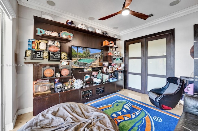 11356 Canyon Maple Blvd, Davie, FL 33330 - tiled living area featuring crown molding, ceiling fan, and french doors