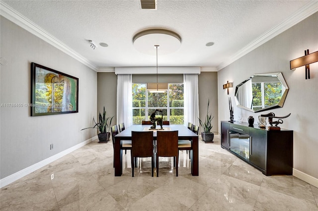 11356 Canyon Maple Blvd, Davie, FL 33330 - dining area featuring ornamental molding, baseboards, a textured ceiling, and light marble finish floors