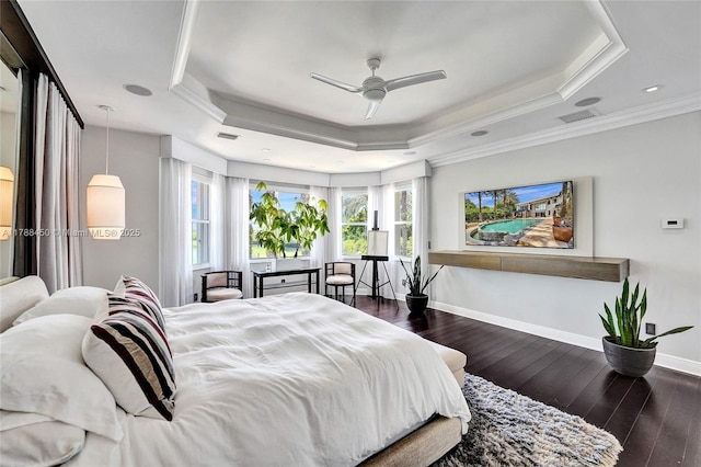 11356 Canyon Maple Blvd, Davie, FL 33330 - bedroom featuring a tray ceiling, wood-type flooring, ornamental molding, baseboards, and a ceiling fan
