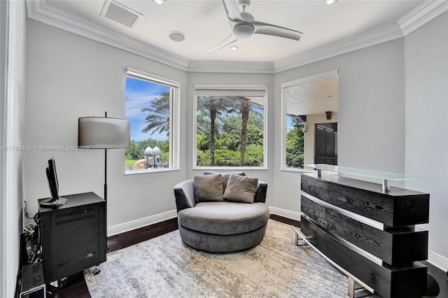 11356 Canyon Maple Blvd, Davie, FL 33330 - sitting room featuring ornamental molding, wood finished floors, ceiling fan, and baseboards