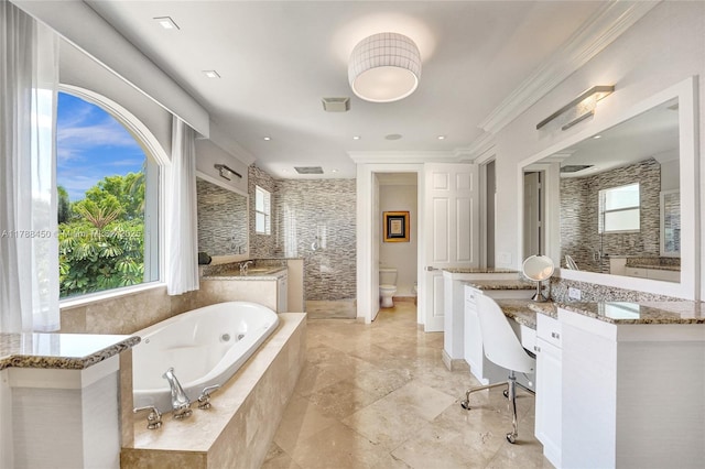 11356 Canyon Maple Blvd, Davie, FL 33330 - bathroom featuring a tub with jets, tiled shower, ornamental molding, vanity, and toilet