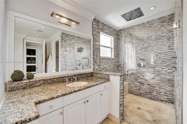 11356 Canyon Maple Blvd, Davie, FL 33330 - bathroom featuring a stall shower, vanity, and ornamental molding