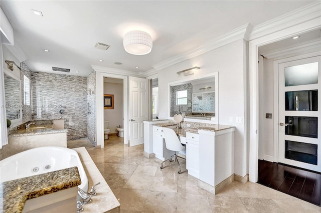 11356 Canyon Maple Blvd, Davie, FL 33330 - full bathroom featuring vanity, a whirlpool tub, a stall shower, a bidet, and ornamental molding