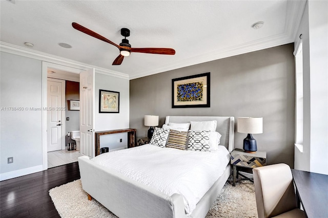 11356 Canyon Maple Blvd, Davie, FL 33330 - bedroom with crown molding, wood finished floors, baseboards, ceiling fan, and connected bathroom