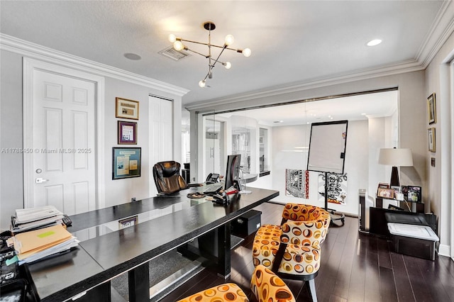 11356 Canyon Maple Blvd, Davie, FL 33330 - office space featuring a chandelier, wood-type flooring, ornamental molding, baseboards, and recessed lighting