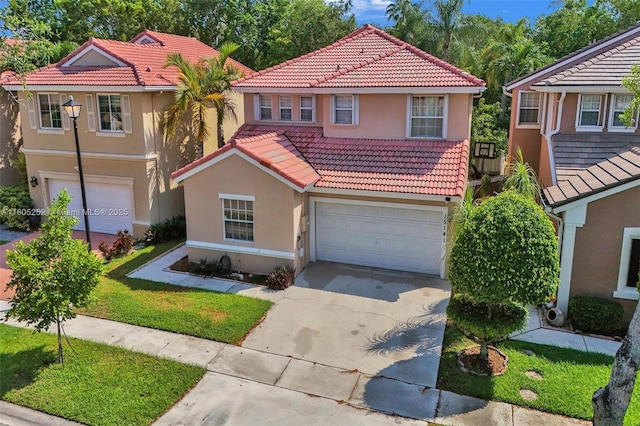 15141 SW 46th St, Miramar, FL 33027 - mediterranean / spanish-style house featuring stucco siding, a tiled roof, a garage, concrete driveway, and a front lawn