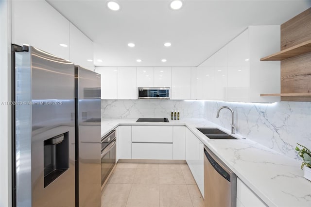 1901 Brickell Ave Unit B1114, Miami, FL 33129 - kitchen with modern cabinets, open shelves, a sink, stainless steel appliances, and white cabinetry