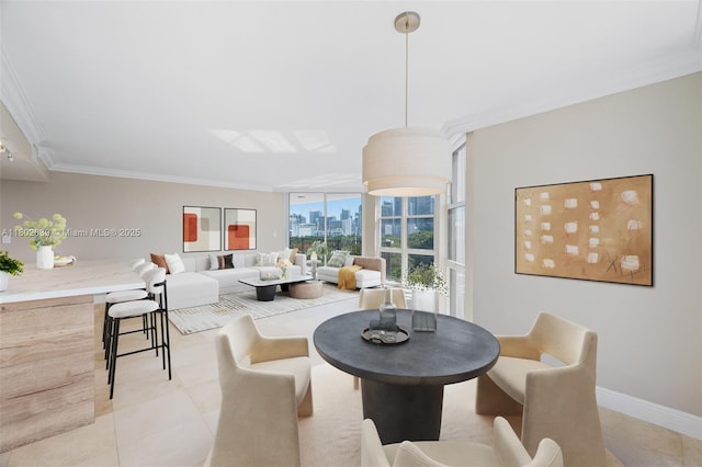 1901 Brickell Ave Unit B1114, Miami, FL 33129 - dining area with ornamental molding, a view of skyline, light tile patterned floors, and baseboards