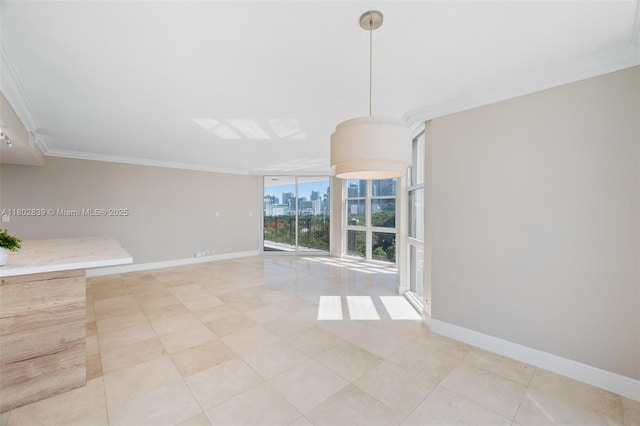 1901 Brickell Ave Unit B1114, Miami, FL 33129 - unfurnished room featuring a wall of windows, baseboards, crown molding, a view of city, and light tile patterned floors
