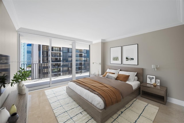 1901 Brickell Ave Unit B1114, Miami, FL 33129 - bedroom with access to exterior, tile patterned flooring, ornamental molding, and floor to ceiling windows