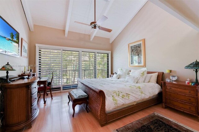 3169 Via Abitare Way Unit 6, Miami, FL 33133 - bedroom featuring light wood-style flooring, beamed ceiling, high vaulted ceiling, and a ceiling fan