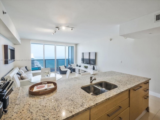 1830 S Ocean Dr Unit 5009, Hallandale Beach, FL 33009 - kitchen with a sink, open floor plan, and light stone countertops