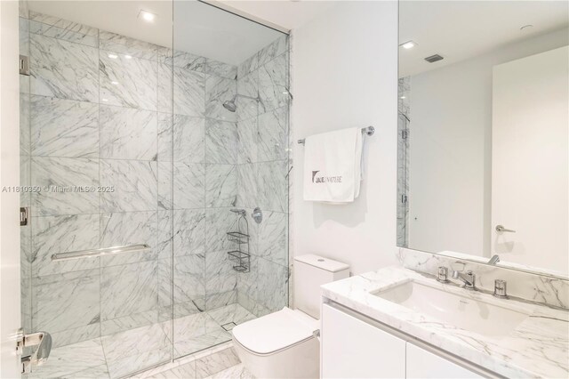 16901 Collins Ave Unit 2504, Sunny Isles Beach, FL 33160 - full bathroom featuring toilet, a shower stall, vanity, recessed lighting, and marble finish floors
