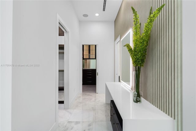 12331 SW 2nd St, Plantation, FL 33325 - hallway featuring baseboards, light marble finish floors, and recessed lighting