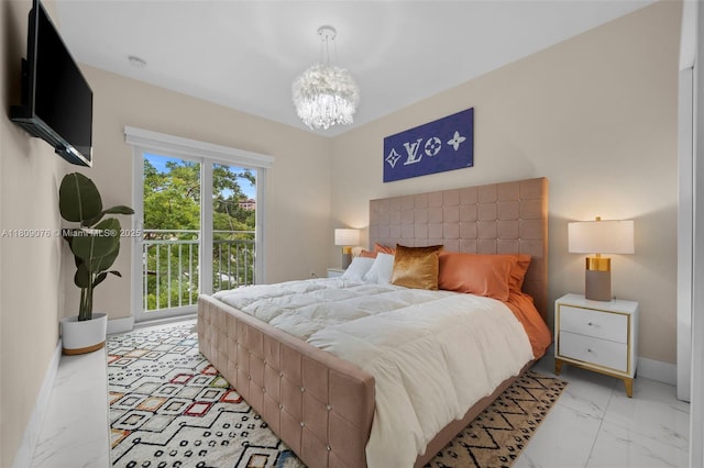 1930 SW 12th Ave, Miami, FL 33129 - bedroom featuring light marble finish flooring, baseboards, and a chandelier