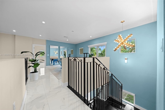 1930 SW 12th Ave, Miami, FL 33129 - hallway with an upstairs landing, marble finish flooring, recessed lighting, and baseboards