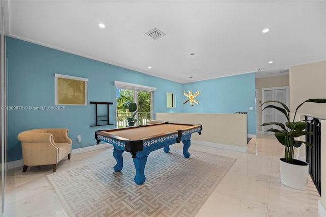 1930 SW 12th Ave, Miami, FL 33129 - rec room featuring marble tiled floors, billiards, recessed lighting, baseboards, and ornamental molding