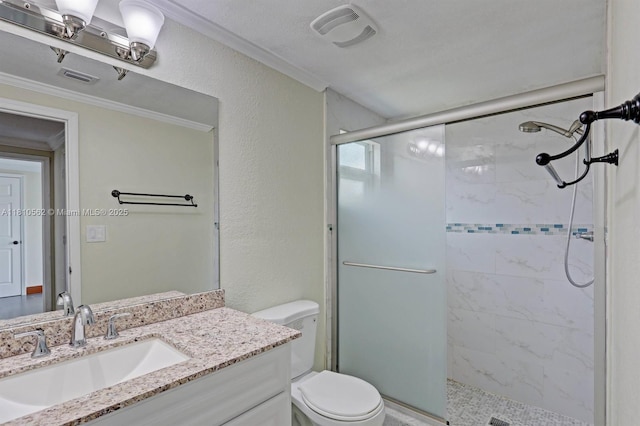 5156 Hartwick Ln, West Palm Beach, FL 33415 - bathroom featuring ornamental molding, a shower stall, vanity, and toilet