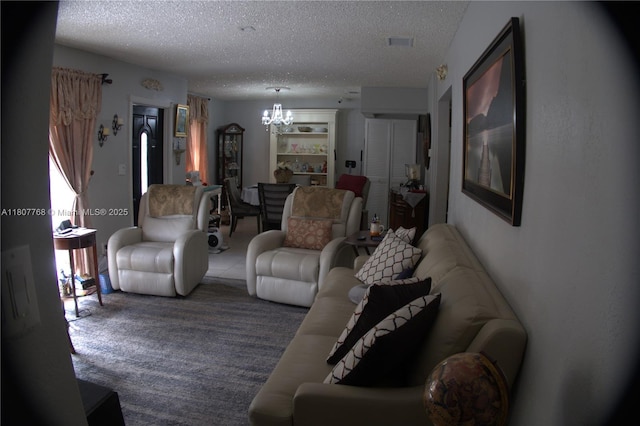 10321 Fairway Heights Blvd, Miami, FL 33157 - living room featuring a chandelier, a textured ceiling, and carpet