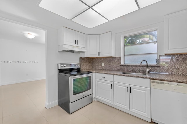 3202 SW 3rd St, Miami, FL 33135 - kitchen featuring stainless steel range with electric cooktop, white dishwasher, under cabinet range hood, a sink, and white cabinetry