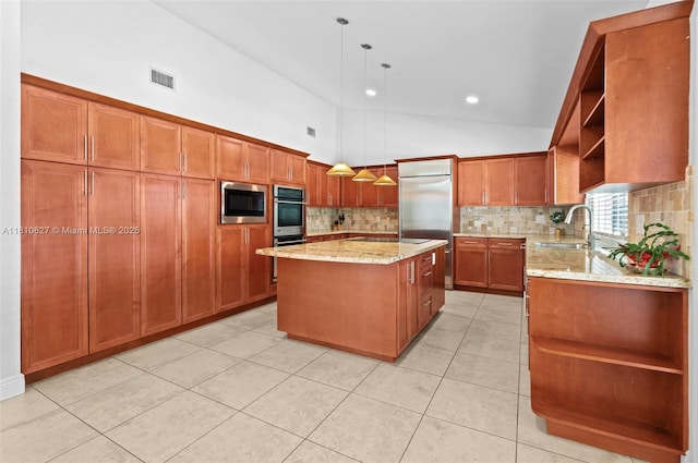 7350 SW 154th Ter, Palmetto Bay, FL 33157 - kitchen with open shelves, a sink, built in appliances, brown cabinets, and backsplash