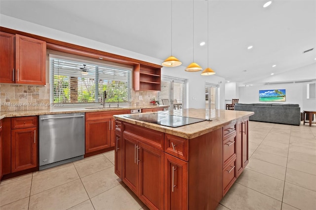7350 SW 154th Ter, Palmetto Bay, FL 33157 - kitchen featuring dishwasher, a sink, tasteful backsplash, black electric cooktop, and lofted ceiling