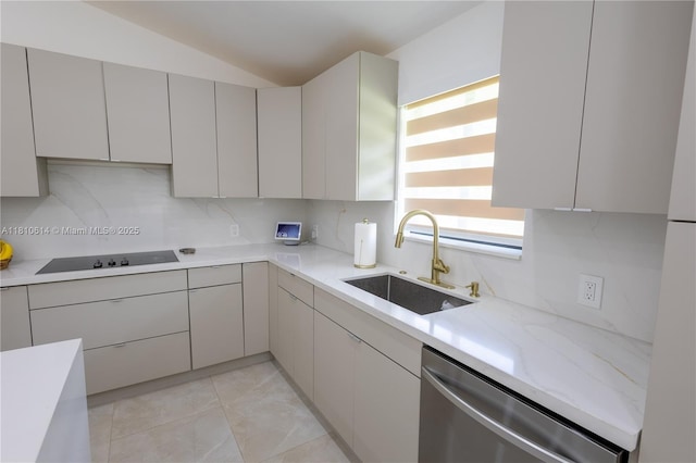 18781 SW 294th Ter, Homestead, FL 33030 - kitchen featuring stainless steel dishwasher, a sink, black electric stovetop, vaulted ceiling, and backsplash