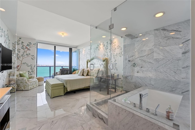 3131 NE 7th Ave Unit 3106, Miami, FL 33137 - bedroom featuring access to outside, light marble finish flooring, a water view, expansive windows, and recessed lighting