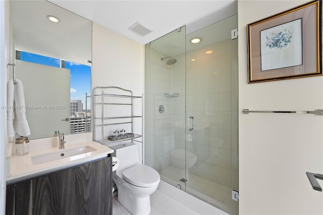 3131 NE 7th Ave Unit 3106, Miami, FL 33137 - full bathroom with toilet, a shower stall, vanity, tile patterned floors, and recessed lighting