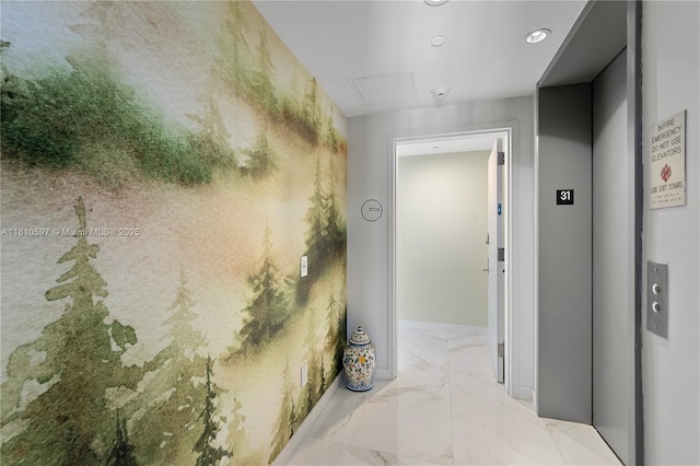 3131 NE 7th Ave Unit 3106, Miami, FL 33137 - corridor with elevator, marble finish floors, baseboards, and recessed lighting