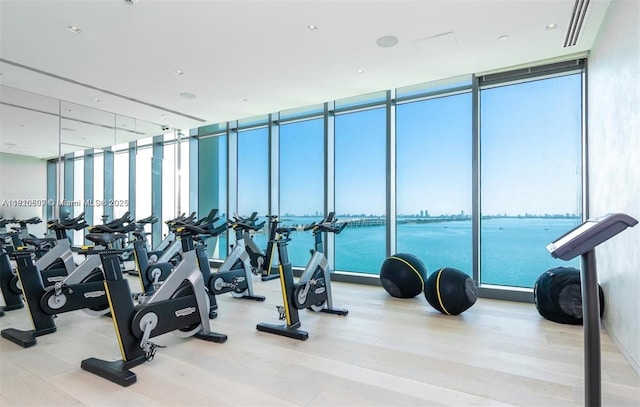 3131 NE 7th Ave Unit 3106, Miami, FL 33137 - gym with a wall of windows, a water view, wood finished floors, and plenty of natural light