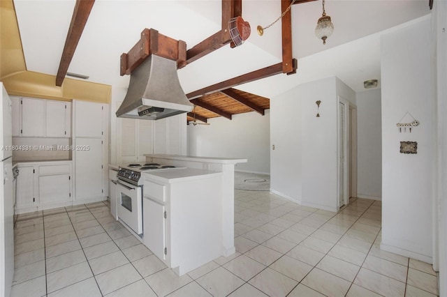 306 Cambridge Rd Unit 2-36, Hollywood, FL 33024 - kitchen featuring white range with electric cooktop, beamed ceiling, a peninsula, white cabinets, and island exhaust hood