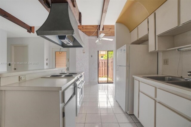 306 Cambridge Rd Unit 2-36, Hollywood, FL 33024 - kitchen with under cabinet range hood, a ceiling fan, light countertops, light tile patterned floors, and beam ceiling