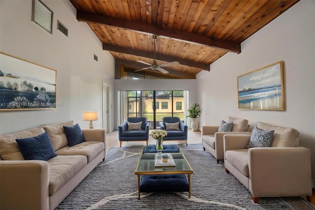 306 Cambridge Rd Unit 2-36, Hollywood, FL 33024 - living area with wood ceiling with exposed beams, a ceiling fan, and high vaulted ceiling