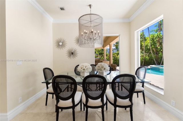 275 189th Ter, Sunny Isles Beach, FL 33160 - dining space with crown molding, a chandelier, baseboards, and light tile patterned floors
