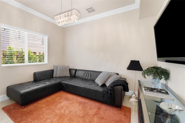 275 189th Ter, Sunny Isles Beach, FL 33160 - living room featuring ornamental molding, a chandelier, and baseboards