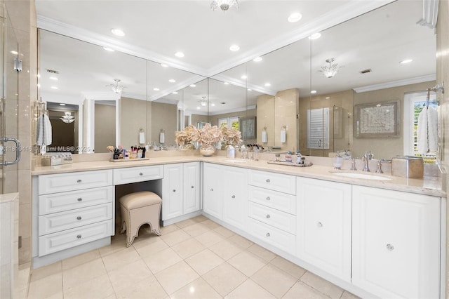 275 189th Ter, Sunny Isles Beach, FL 33160 - full bath featuring ornamental molding, double vanity, a shower stall, tile patterned floors, and recessed lighting
