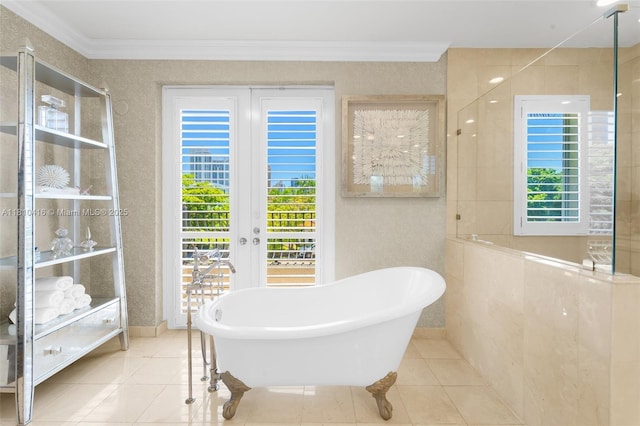 275 189th Ter, Sunny Isles Beach, FL 33160 - full bathroom featuring a soaking tub, tile patterned flooring, and ornamental molding