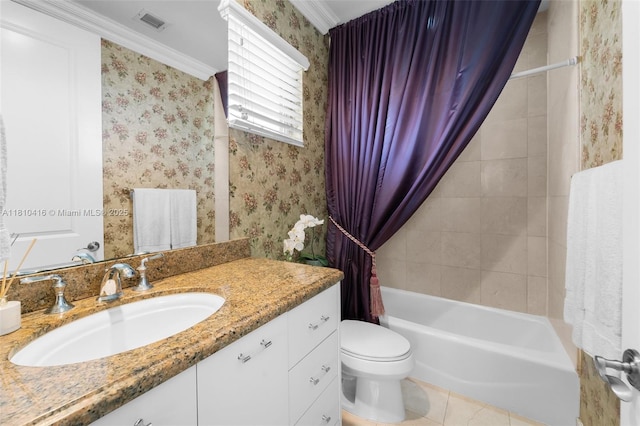 275 189th Ter, Sunny Isles Beach, FL 33160 - bathroom featuring vanity, toilet, shower / bath combination with curtain, wallpapered walls, and tile patterned floors