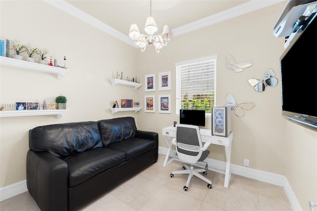 275 189th Ter, Sunny Isles Beach, FL 33160 - office area featuring a chandelier, crown molding, and baseboards