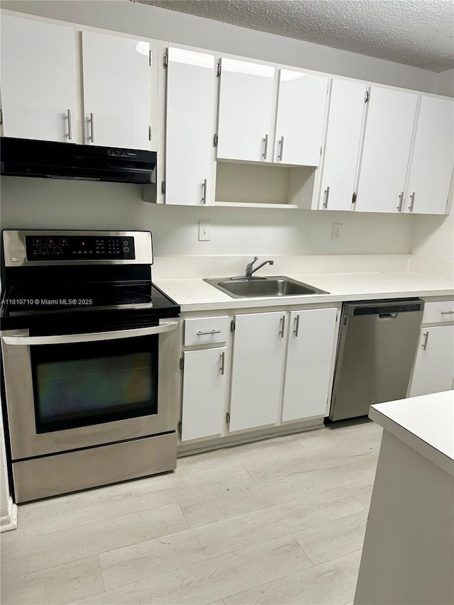 20760 NE 4th Ct Unit 201, Miami, FL 33179 - kitchen featuring appliances with stainless steel finishes, under cabinet range hood, a sink, light countertops, and a textured ceiling