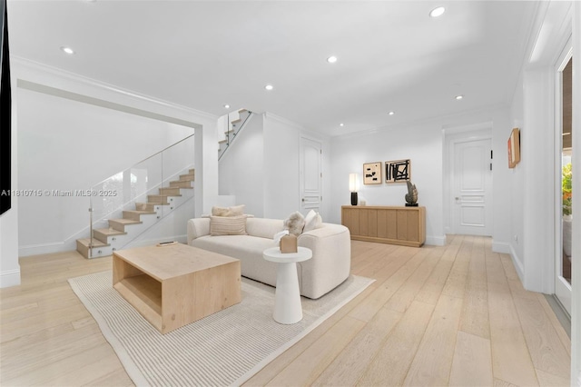 1210 95th St, Bay Harbor Islands, FL 33154 - living room featuring light wood-style floors, stairway, baseboards, recessed lighting, and crown molding