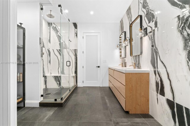 1210 95th St, Bay Harbor Islands, FL 33154 - bathroom featuring a marble finish shower, vanity, and baseboards