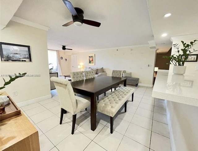 1650 Coral Way Unit 403, Miami, FL 33145 - dining room with crown molding, a ceiling fan, baseboards, light tile patterned floors, and recessed lighting