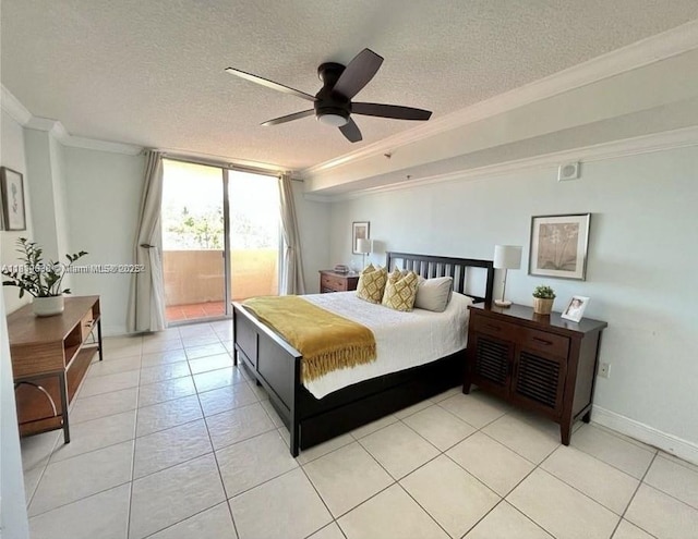 1650 Coral Way Unit 403, Miami, FL 33145 - bedroom with access to exterior, crown molding, light tile patterned flooring, a textured ceiling, and a ceiling fan